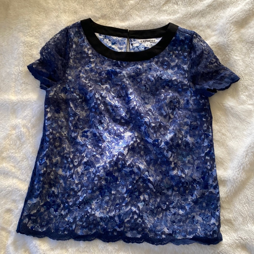 Express Navy Lace Overlay Top